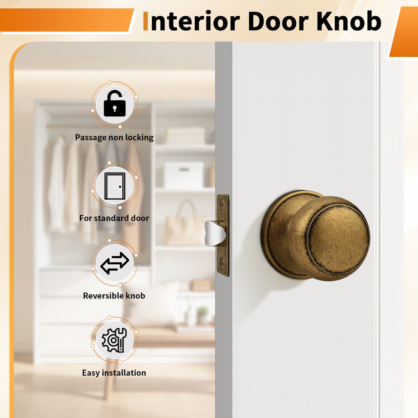 Probrico Aged Brass Interior Door Knob for Hallway, Antique Brass Door Knobs Closet Door Knob, Passage Door Knobs with Round Ball Knob, 1 Pack