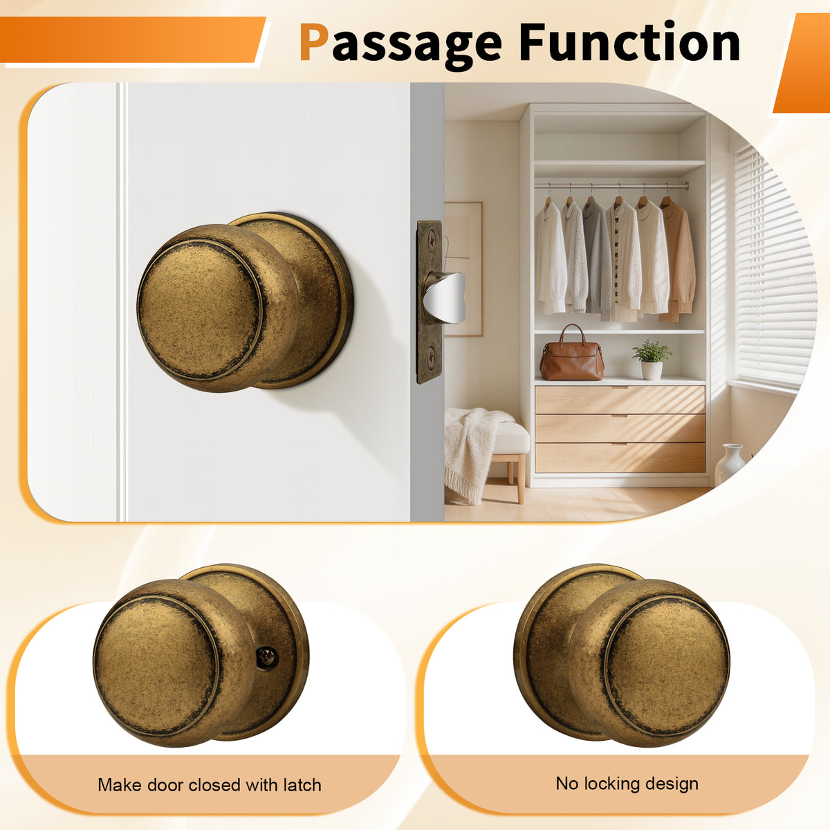 Probrico Aged Brass Interior Door Knob for Hallway, Antique Brass Door Knobs Closet Door Knob, Passage Door Knobs with Round Ball Knob, 1 Pack