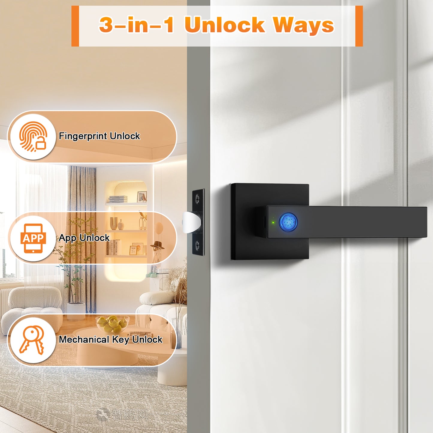Probrico Black Smart Lock Keyless Entry Door Lock with Handle Fingerprint Door Lock for Bedroom Bathroom