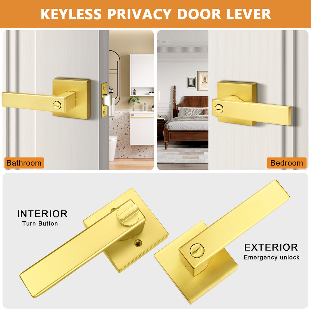 Heavy Duty Privacy Lock Door Levers Square Plate Gold Finish DL01GDBK ...