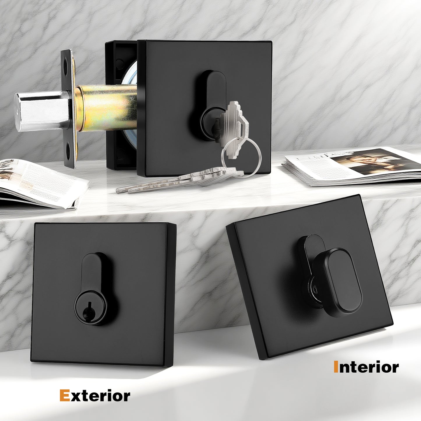 Square Design Door Deadbolt with Single Cylinder Lock Black Finish DLD105BK