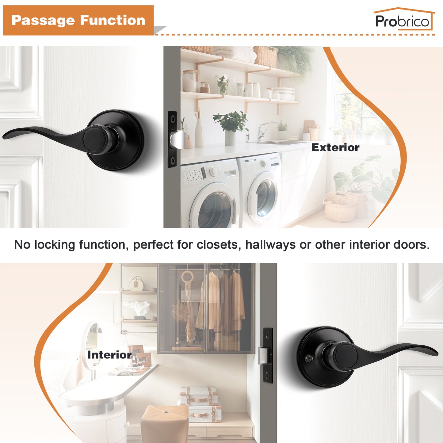 Probrico 10 Packs Wave Shape Passage Door Lever Black Keyless Handle for Hall and Closet Interior Non-Locking Door Hardware