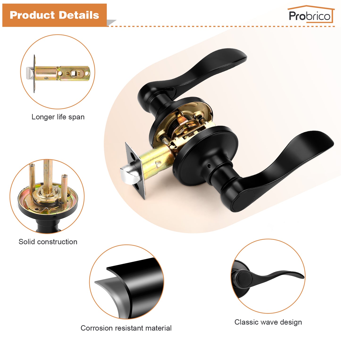 Probrico 10 Packs Wave Shape Passage Door Lever Black Keyless Handle for Hall and Closet Interior Non-Locking Door Hardware