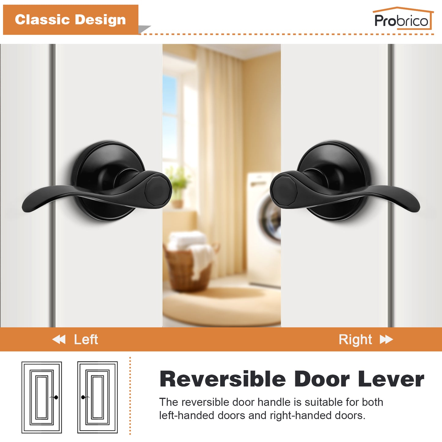 Probrico 10 Packs Wave Shape Passage Door Lever Black Keyless Handle for Hall and Closet Interior Non-Locking Door Hardware