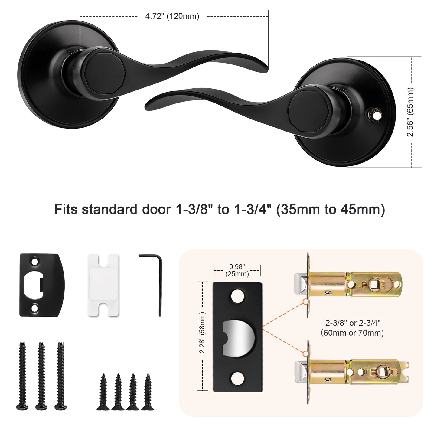 Probrico 10 Packs Wave Shape Passage Door Lever Black Keyless Handle for Hall and Closet Interior Non-Locking Door Hardware