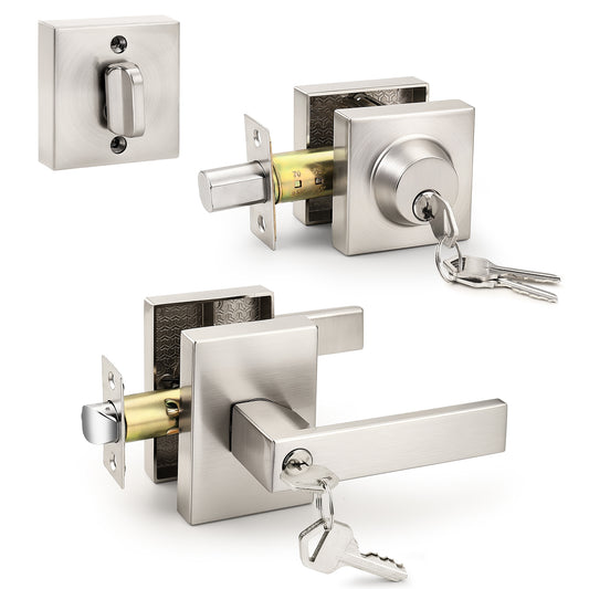 Probrico Square Interior/Exterior Door Lock Set, Entry Door Handles and Single Cylinder Deadbolts Same Keys, Door Locksets Reversible for Right and Left