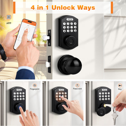 Probrico Smart Fingerprint Deadbolt with Door Knob for Front Door, Black Door Knob with Smart Deadbolt