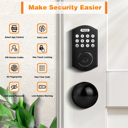Probrico Smart Fingerprint Deadbolt with Door Knob for Front Door, Black Door Knob with Smart Deadbolt