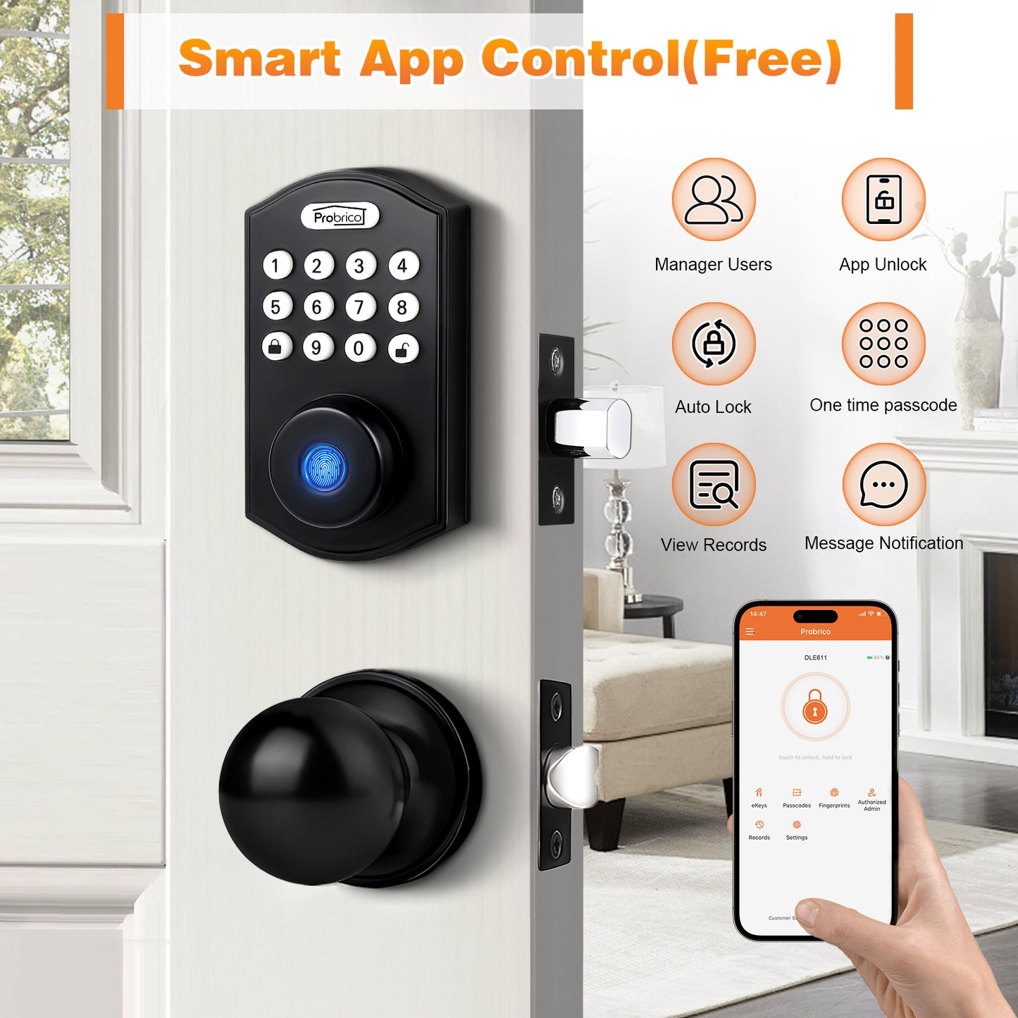 Probrico Smart Fingerprint Deadbolt with Door Knob for Front Door, Black Door Knob with Smart Deadbolt