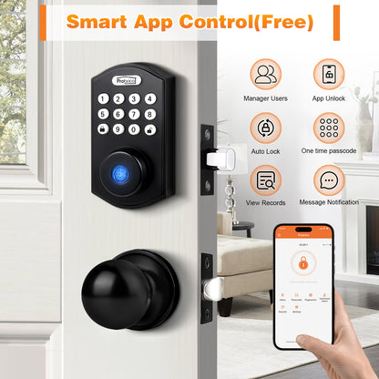 Probrico Smart Fingerprint Deadbolt with Door Knob for Front Door, Black Door Knob with Smart Deadbolt
