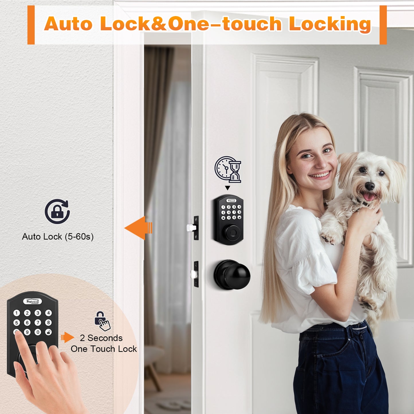 Probrico Smart Fingerprint Deadbolt with Door Knob for Front Door, Black Door Knob with Smart Deadbolt