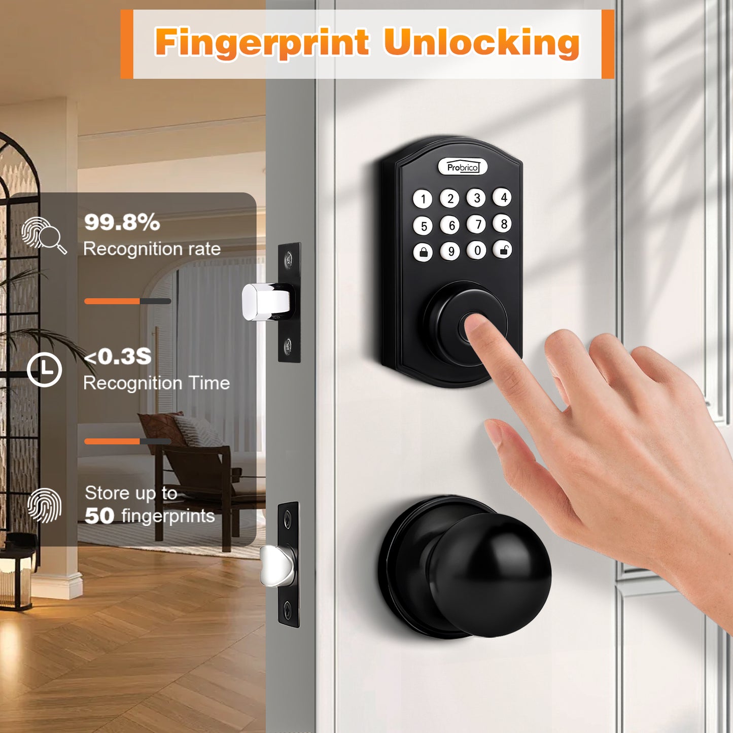 Probrico Smart Fingerprint Deadbolt with Door Knob for Front Door, Black Door Knob with Smart Deadbolt