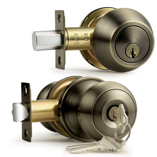 Probrico Entry Door Knob Set with Single Cylinder Deadbolt Combo Set, Antique Brass Front Door Handle Keyed Alike, Exterior Door Knobs with Lock and Keys