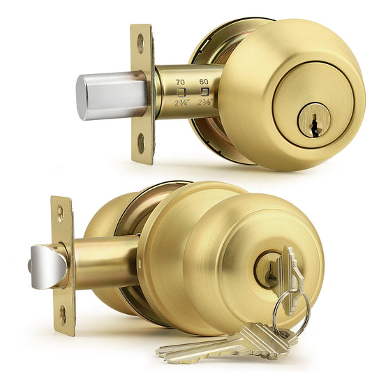 Probrico 1 Pack Entry Door Knob Set, Gold, Single Cylinder Deadbolt Front Door Handle, Keyed Alike, Exterior Door Knobs with Lock and Keys