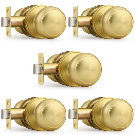 Probrico Brushed Brass Passage Door Knobs Round Handles for Hall or Closet, Keyless Interior Gold Door Knobs, 5 Pack