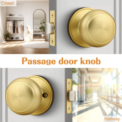 Probrico Brushed Brass Passage Door Knobs Round Handles for Hall or Closet, Keyless Interior Gold Door Knobs, 5 Pack