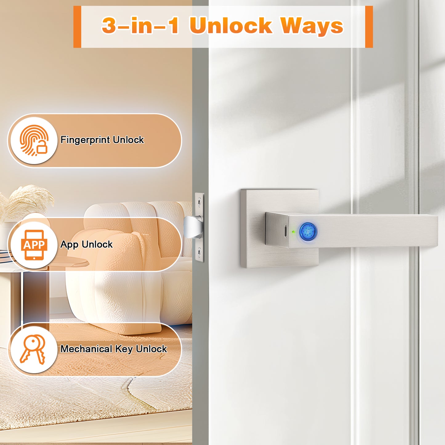 Probrico Satin Nickel Smart Lock Keyless Entry Door Lock with Handle Fingerprint Door Lock for Bedroom Bathroom