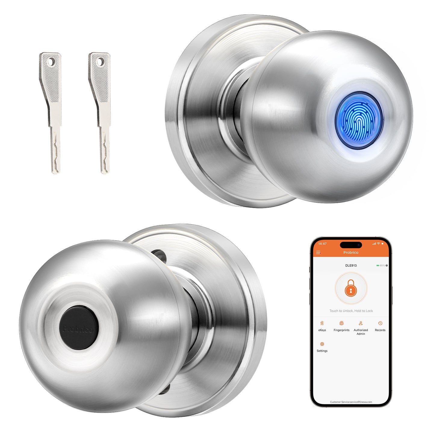 Probrico Satin Nickel Fingerprint Door Knob, Keyless Entry Smart Biometric Door Knob, Interior Door Knob with Fingerprint Lock