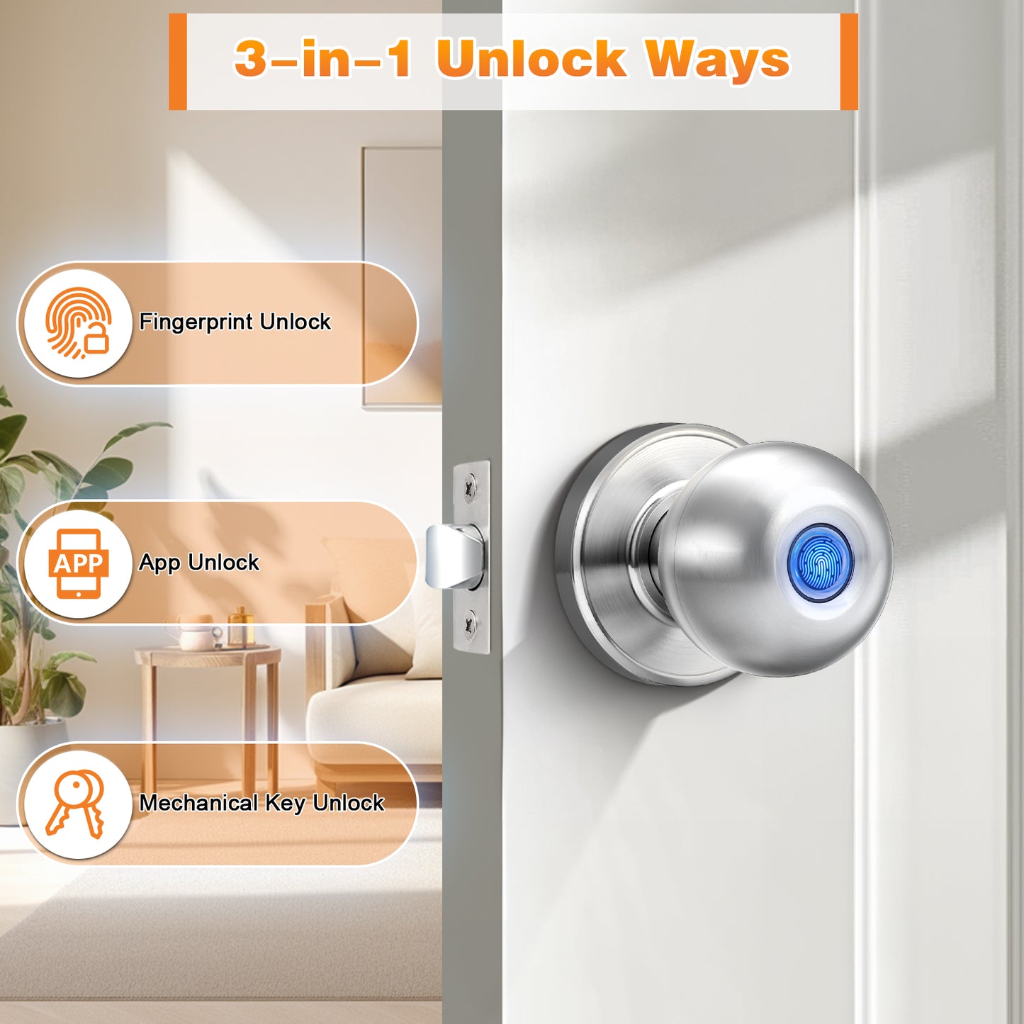 Probrico Satin Nickel Fingerprint Door Knob, Keyless Entry Smart Biometric Door Knob, Interior Door Knob with Fingerprint Lock