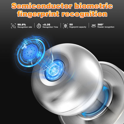 Probrico Satin Nickel Fingerprint Door Knob, Keyless Entry Smart Biometric Door Knob, Interior Door Knob with Fingerprint Lock
