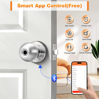 Probrico Satin Nickel Fingerprint Door Knob, Keyless Entry Smart Biometric Door Knob, Interior Door Knob with Fingerprint Lock
