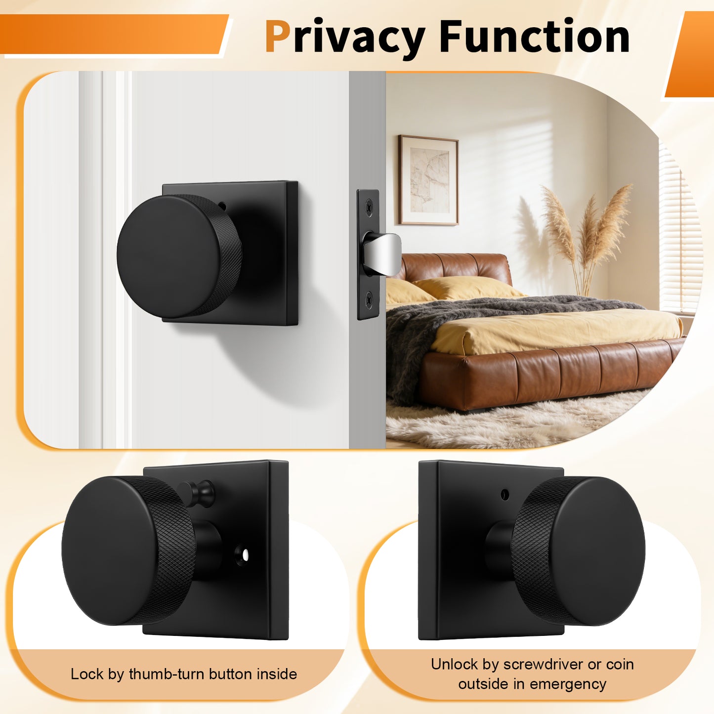 Probrico Gold/Black Door Knobs with Knurled Pattern, Interior Door Knobs with Square Rosette, Privacy/Passage Door Knob for Bathroom Closet