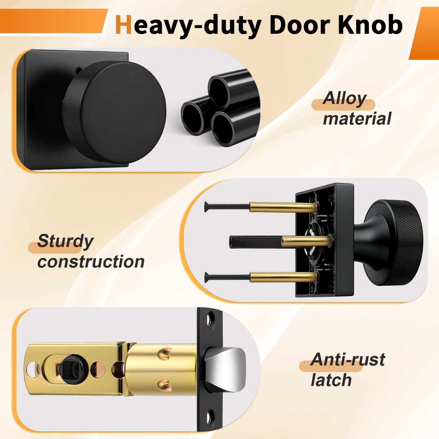 Probrico Gold/Black Door Knobs with Knurled Pattern, Interior Door Knobs with Square Rosette, Privacy/Passage Door Knob for Bathroom Closet