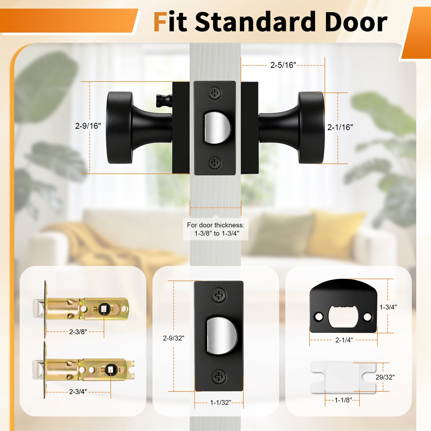 Probrico Gold/Black Door Knobs with Knurled Pattern, Interior Door Knobs with Square Rosette, Privacy/Passage Door Knob for Bathroom Closet