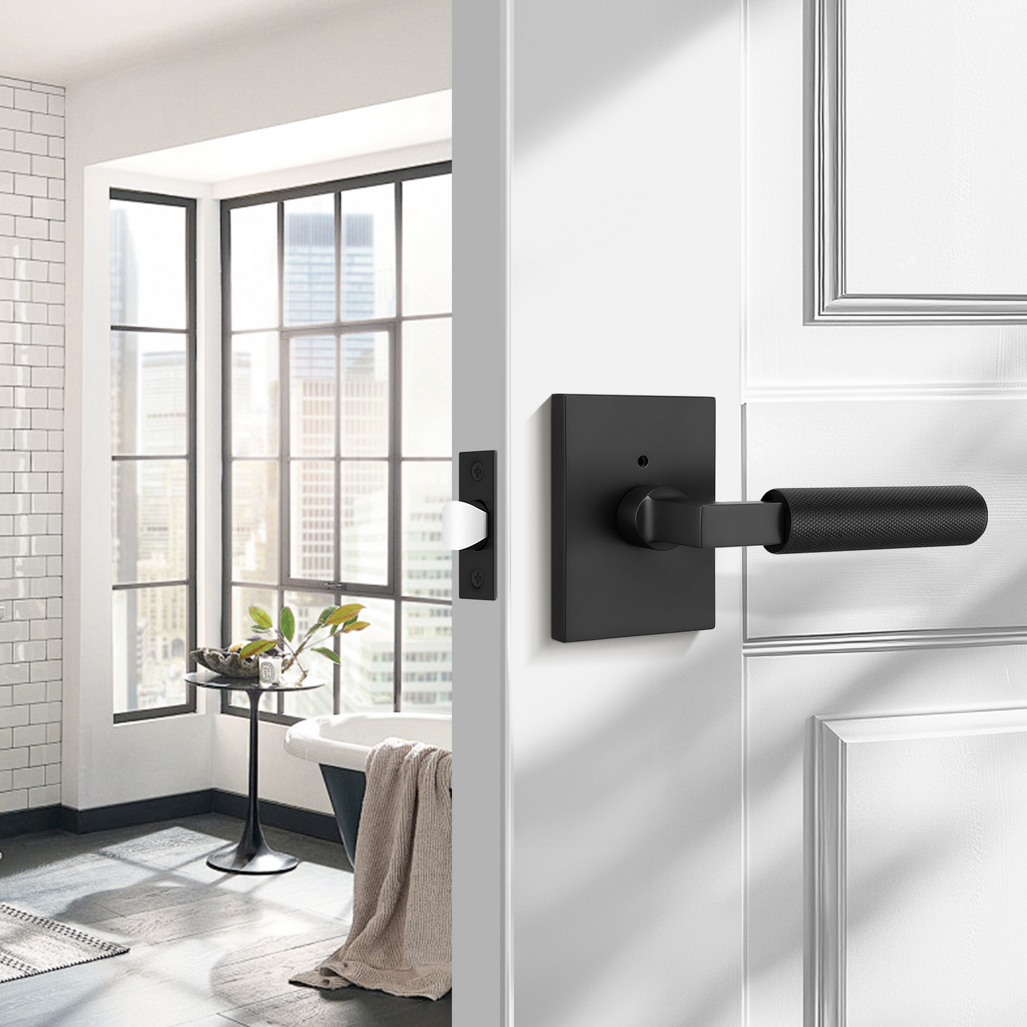 Probrico Matte Black Privacy Door Handles, Knurled Lever, Heavy Duty Interior Door Handles for Bedroom Bathroom, Reversible Left & Right Handed, with Lock