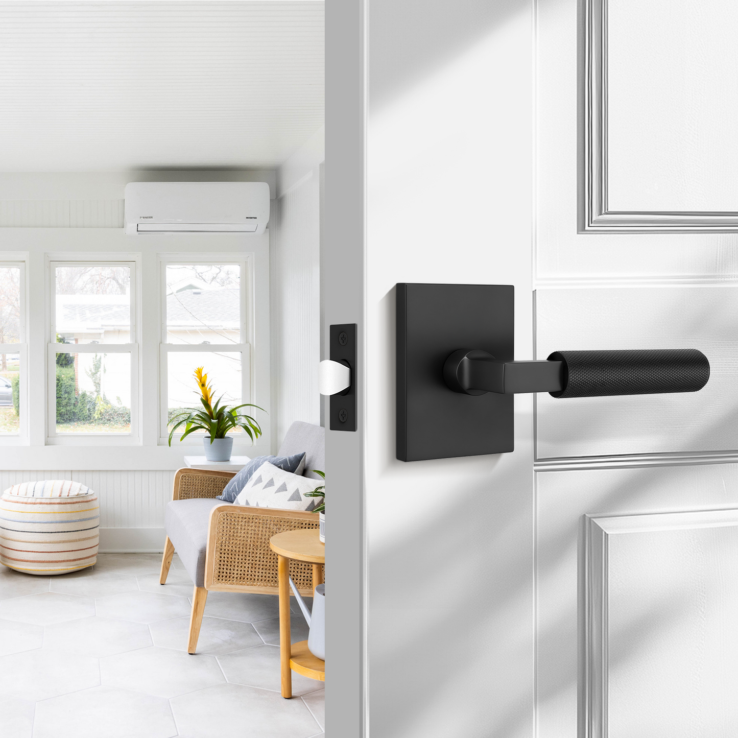 Probrico Black Door Handle, Knurled Passage Door Handles for Hallway and Closet, Matte Black Door Handles Interior, Keyless Modern Door Lever for Left Right Handed, Smooth Turn Action