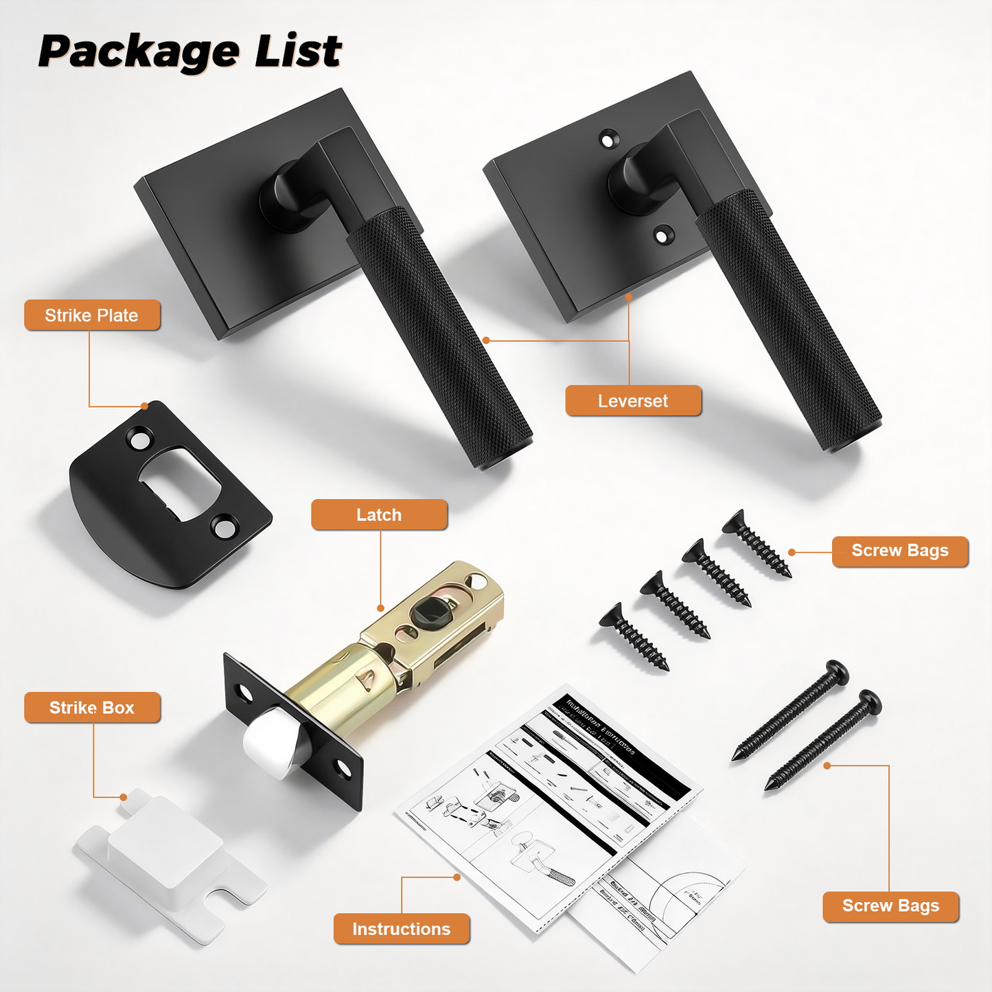 Probrico Black Door Handle, Knurled Passage Door Handles for Hallway and Closet, Matte Black Door Handles Interior, Keyless Modern Door Lever for Left Right Handed, Smooth Turn Action
