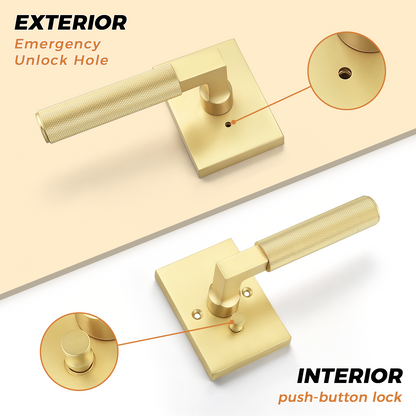 Probrico Brushed Gold Privacy Door Handle, Knurled Lever, Heavy Duty Interior Door Handles for Bed&Bath, Reversible for Left/Right Doors, Keyless Door Lever with Lock