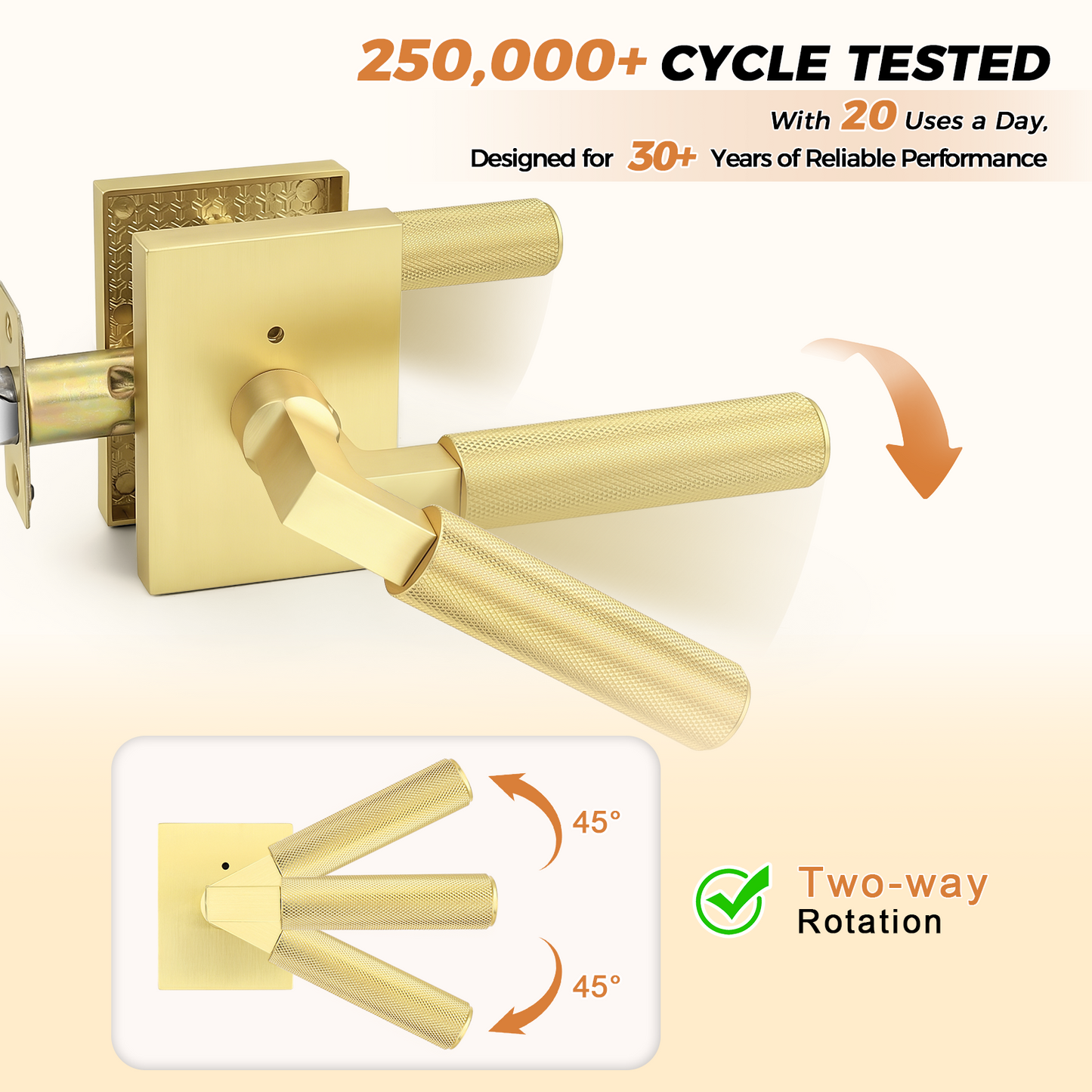 Probrico Brushed Gold Privacy Door Handle, Knurled Lever, Heavy Duty Interior Door Handles for Bed&Bath, Reversible for Left/Right Doors, Keyless Door Lever with Lock