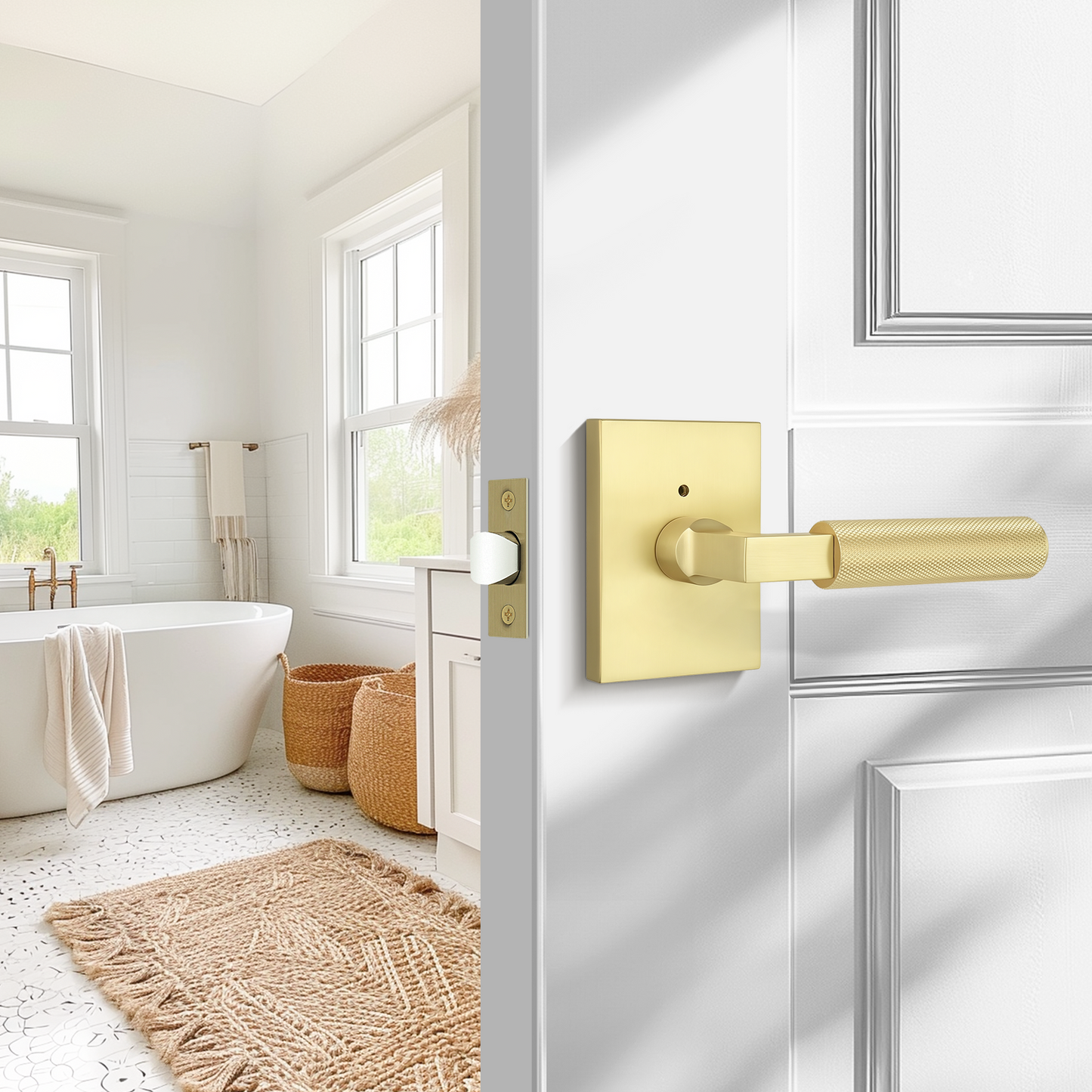 Probrico Brushed Gold Privacy Door Handle, Knurled Lever, Heavy Duty Interior Door Handles for Bed&Bath, Reversible for Left/Right Doors, Keyless Door Lever with Lock