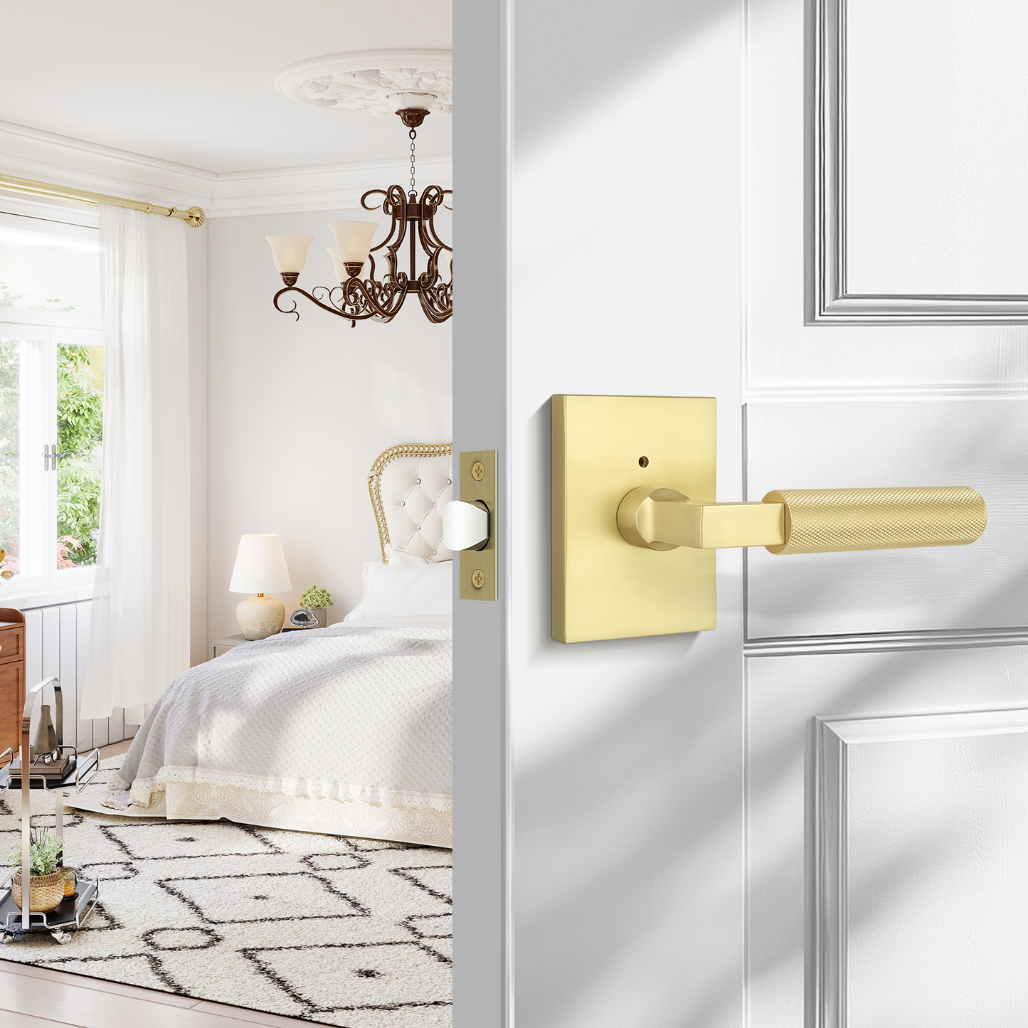 Probrico Brushed Gold Privacy Door Handle, Knurled Lever, Heavy Duty Interior Door Handles for Bed&Bath, Reversible for Left/Right Doors, Keyless Door Lever with Lock