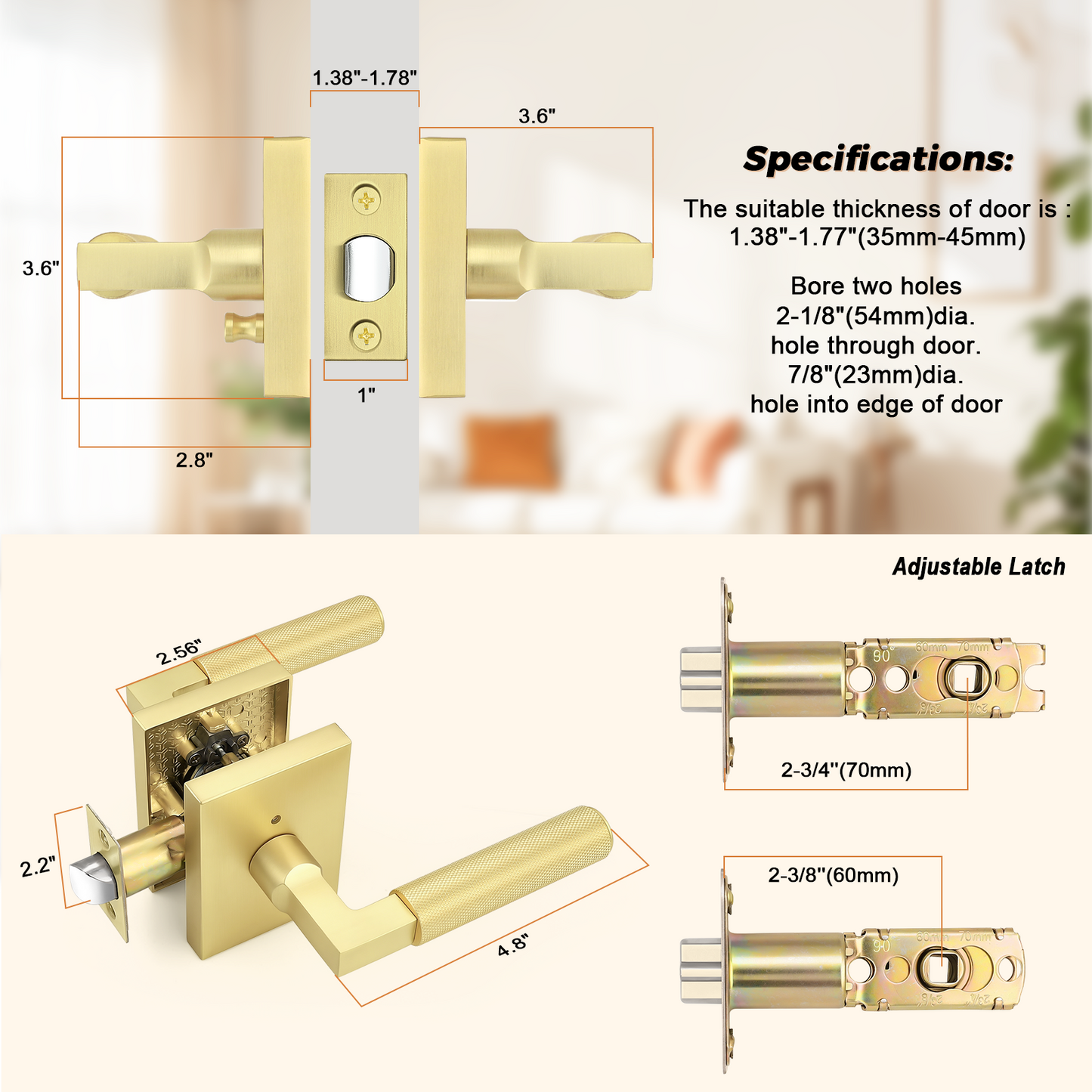 Probrico Brushed Gold Privacy Door Handle, Knurled Lever, Heavy Duty Interior Door Handles for Bed&Bath, Reversible for Left/Right Doors, Keyless Door Lever with Lock