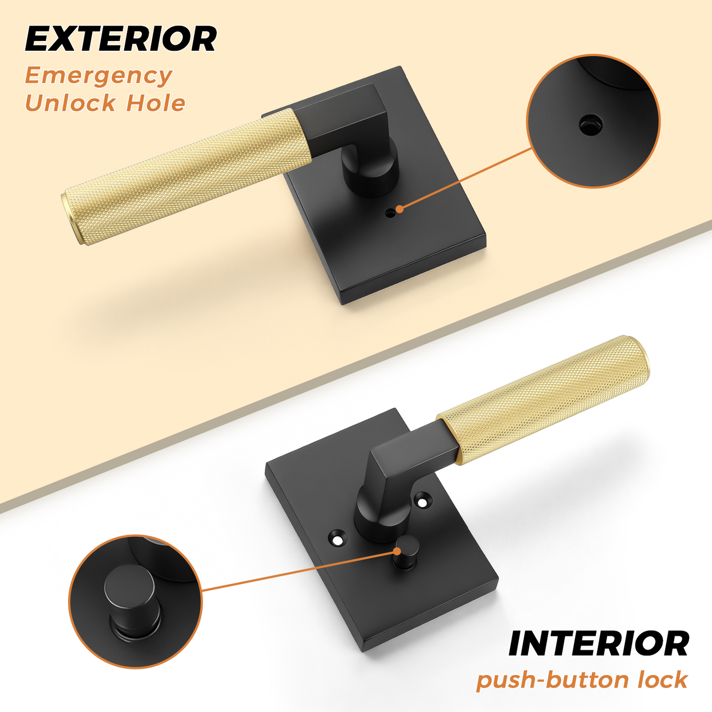 Probrico Brushed Gold Door Handles with Black Lever, Knurled Privacy Door Handle with Push Button Lock for Bedroom or Bathroom, Modern Interior Door Handle, Heavy Duty Keyless Privacy Lever