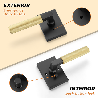 Probrico Brushed Gold Door Handles with Black Lever, Knurled Privacy Door Handle with Push Button Lock for Bedroom or Bathroom, Modern Interior Door Handle, Heavy Duty Keyless Privacy Lever