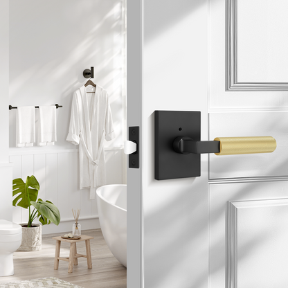 Probrico Brushed Gold Door Handles with Black Lever, Knurled Privacy Door Handle with Push Button Lock for Bedroom or Bathroom, Modern Interior Door Handle, Heavy Duty Keyless Privacy Lever