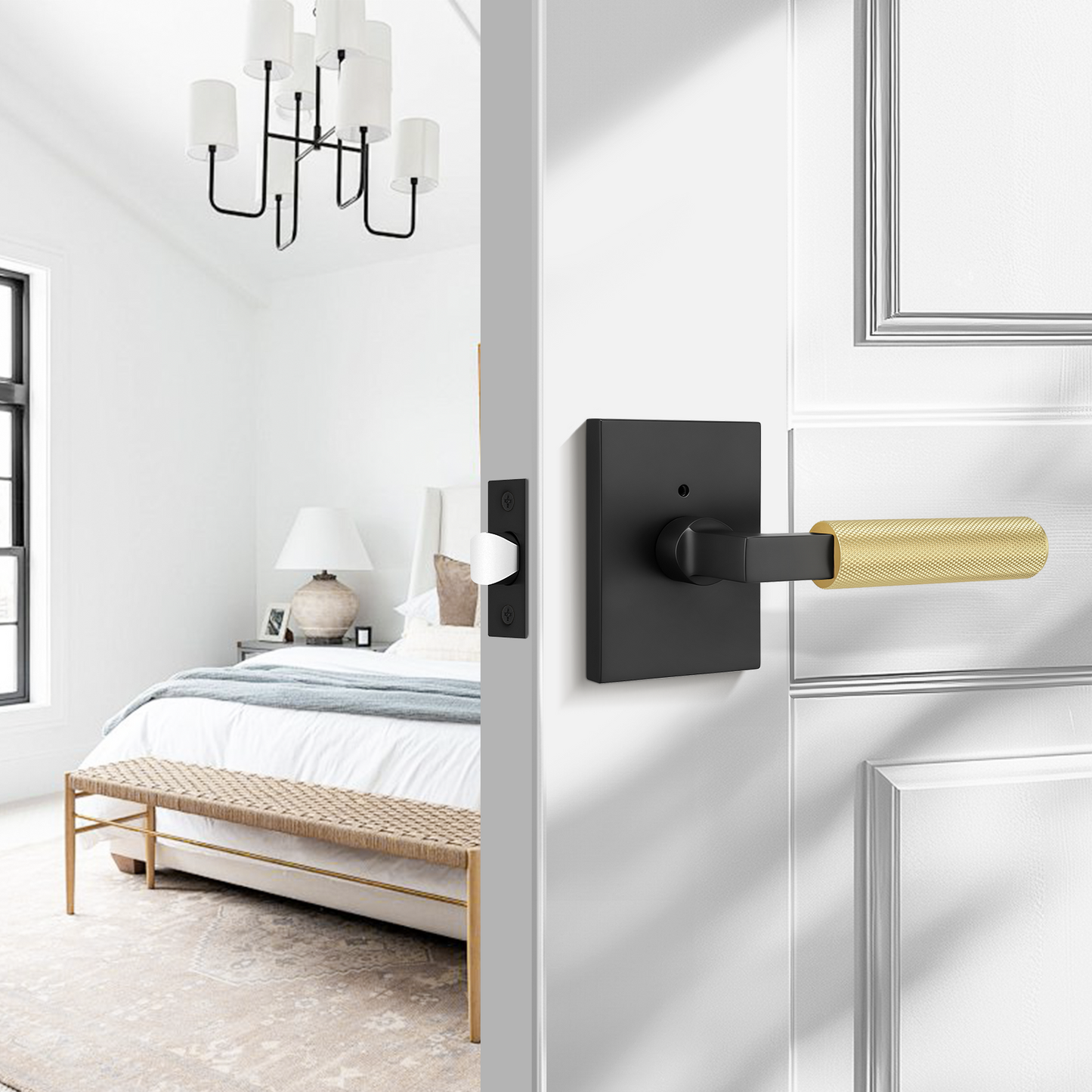 Probrico Brushed Gold Door Handles with Black Lever, Knurled Privacy Door Handle with Push Button Lock for Bedroom or Bathroom, Modern Interior Door Handle, Heavy Duty Keyless Privacy Lever
