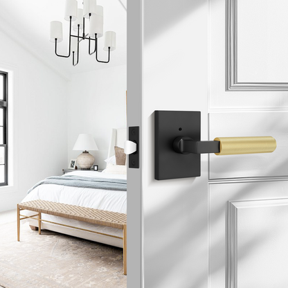 Probrico Brushed Gold Door Handles with Black Lever, Knurled Privacy Door Handle with Push Button Lock for Bedroom or Bathroom, Modern Interior Door Handle, Heavy Duty Keyless Privacy Lever
