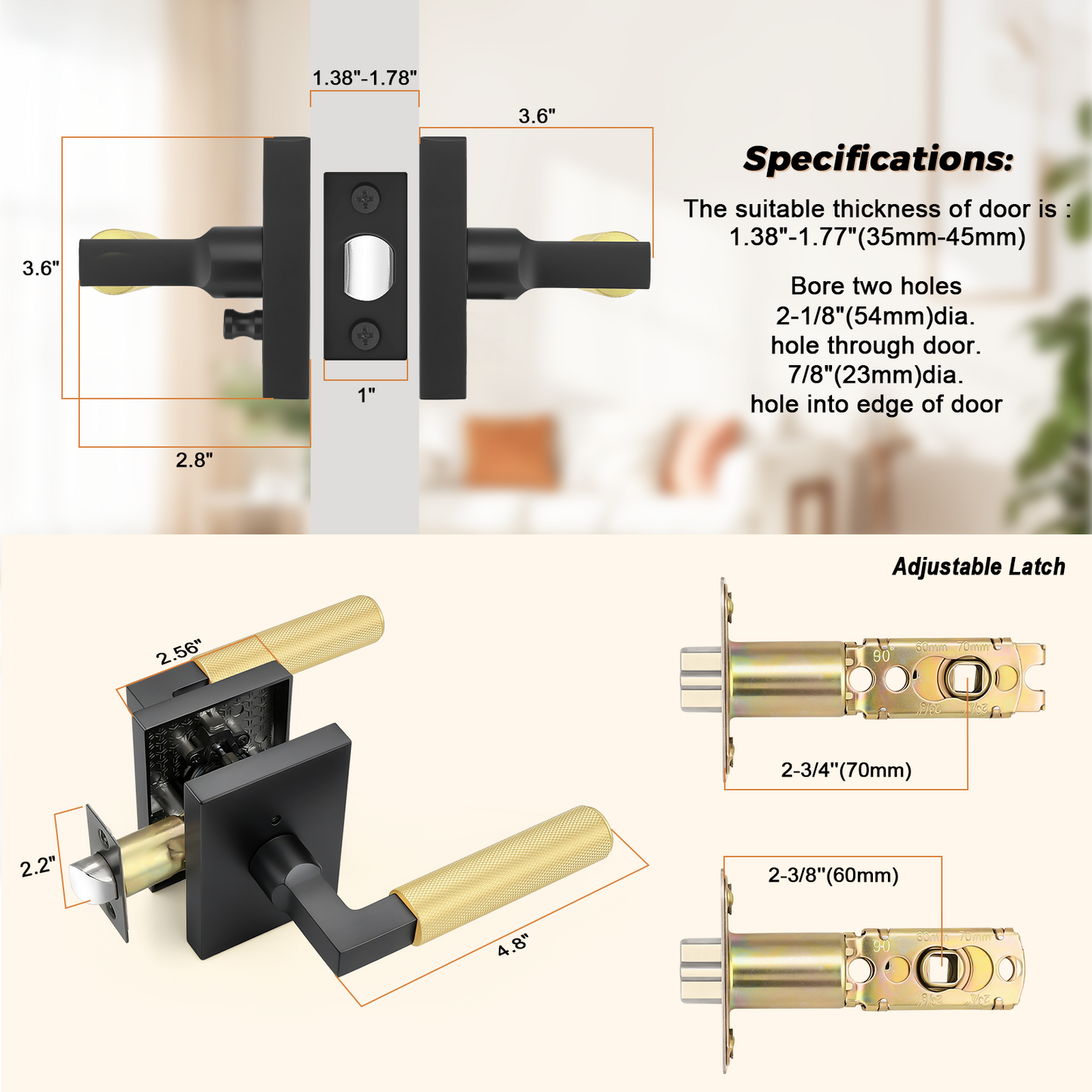 Probrico Brushed Gold Door Handles with Black Lever, Knurled Privacy Door Handle with Push Button Lock for Bedroom or Bathroom, Modern Interior Door Handle, Heavy Duty Keyless Privacy Lever