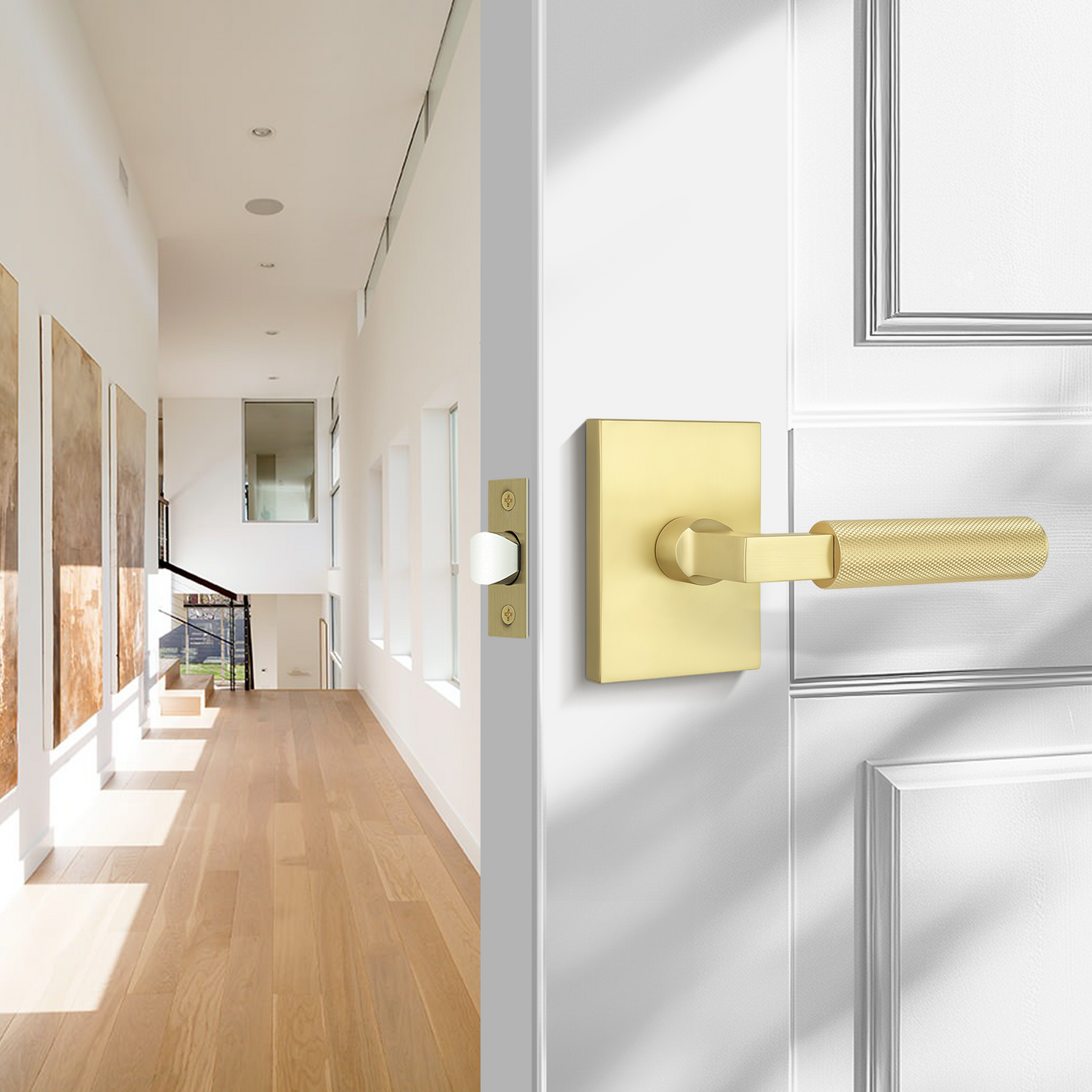 Probrico Gold Door Handle, Knurled Passage Door Handles for Hallway and Closet, Brushed Brass Door Handles Interior, Keyless Modern Door Lever for Left Right Handed, Smooth Turn Action