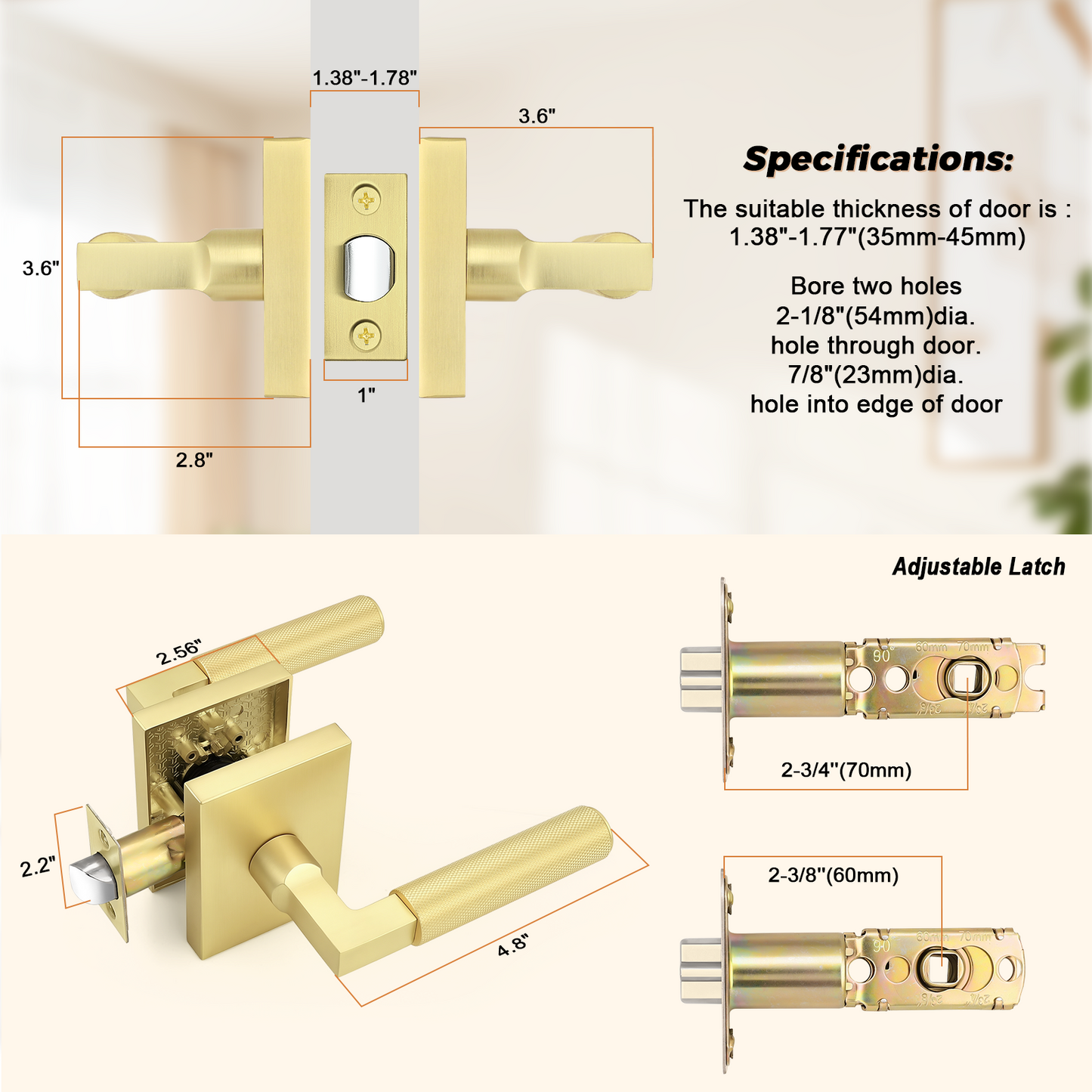 Probrico Gold Door Handle, Knurled Passage Door Handles for Hallway and Closet, Brushed Brass Door Handles Interior, Keyless Modern Door Lever for Left Right Handed, Smooth Turn Action