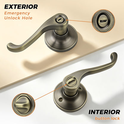 Probrico Scroll Privacy Door Lever, Antique Bronze Interior Door Handle, Reversible for Left/Right Handed Door, Easy Install for Bedroom & Bathroom,Heavy Duty Door Handle, Keyless with Turn Lock