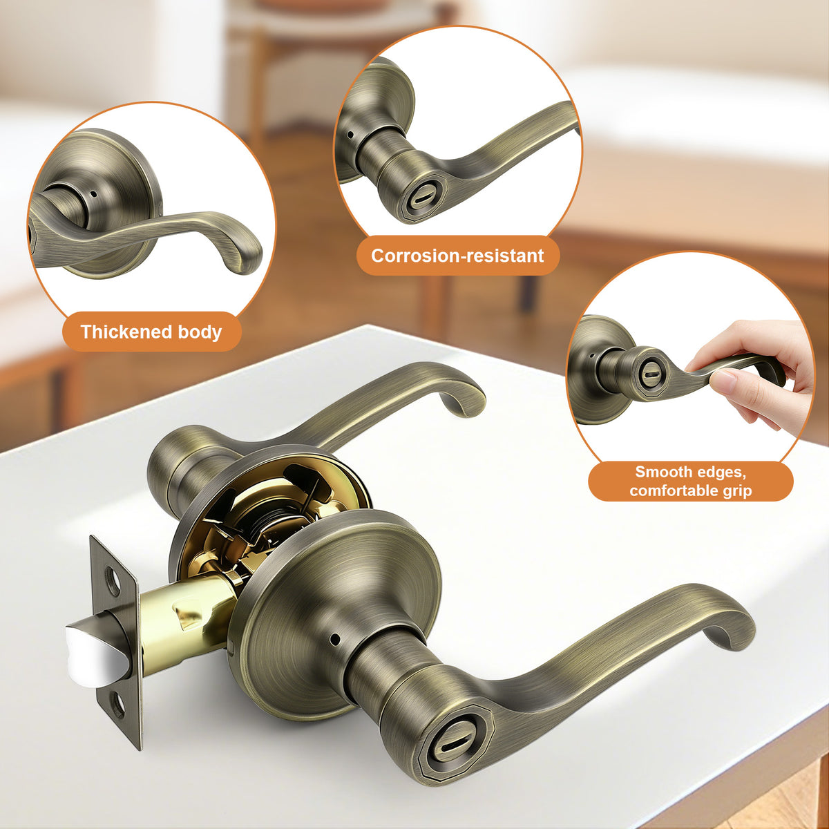 Probrico Scroll Privacy Door Lever, Antique Bronze Interior Door Handle, Reversible for Left/Right Handed Door, Easy Install for Bedroom & Bathroom,Heavy Duty Door Handle, Keyless with Turn Lock