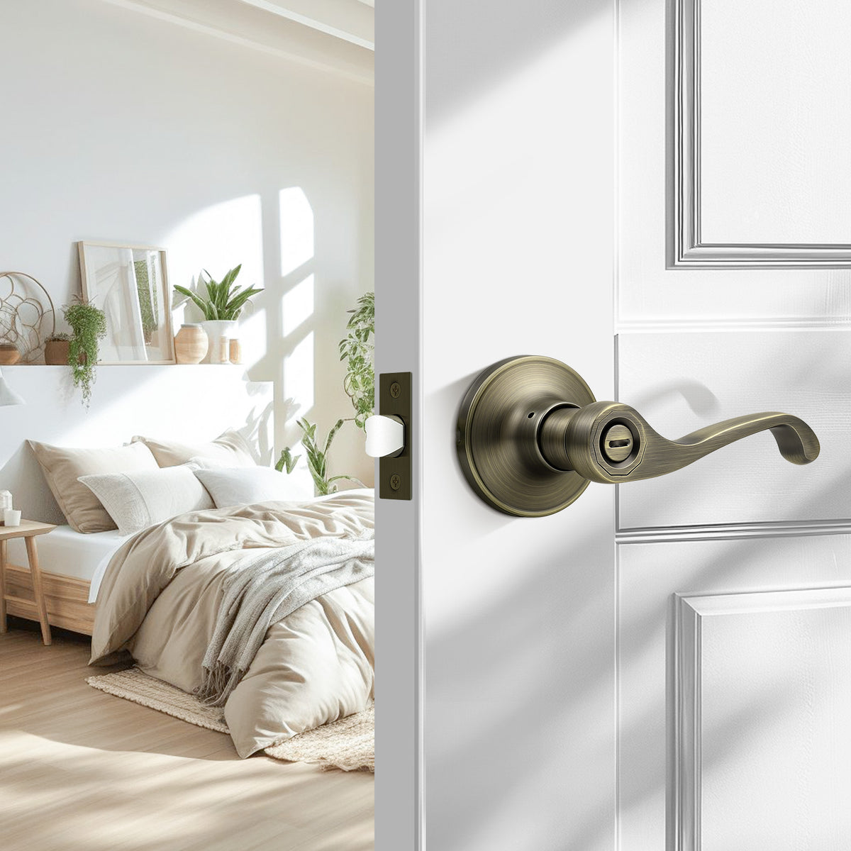 Probrico Scroll Privacy Door Lever, Antique Bronze Interior Door Handle, Reversible for Left/Right Handed Door, Easy Install for Bedroom & Bathroom,Heavy Duty Door Handle, Keyless with Turn Lock