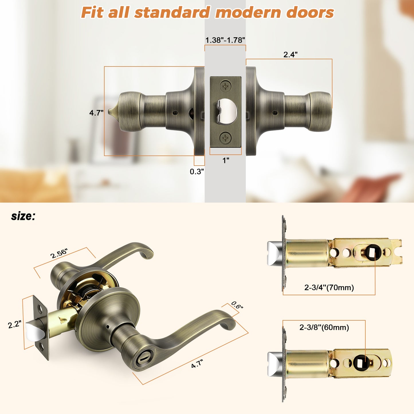 Probrico Scroll Privacy Door Lever, Antique Bronze Interior Door Handle, Reversible for Left/Right Handed Door, Easy Install for Bedroom & Bathroom,Heavy Duty Door Handle, Keyless with Turn Lock