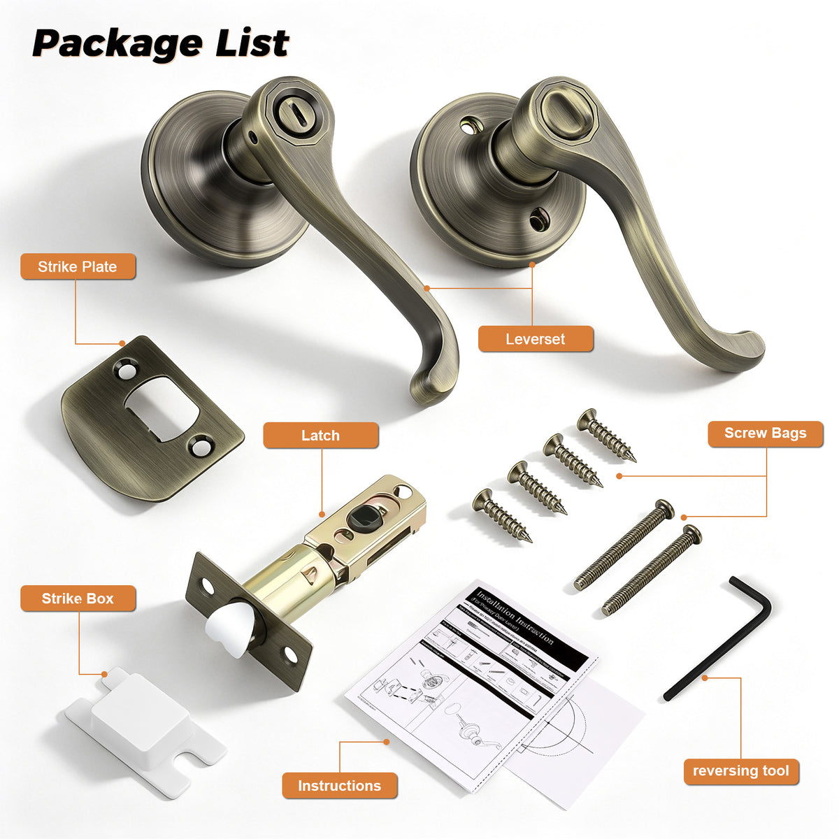 Probrico Scroll Privacy Door Lever, Antique Bronze Interior Door Handle, Reversible for Left/Right Handed Door, Easy Install for Bedroom & Bathroom,Heavy Duty Door Handle, Keyless with Turn Lock