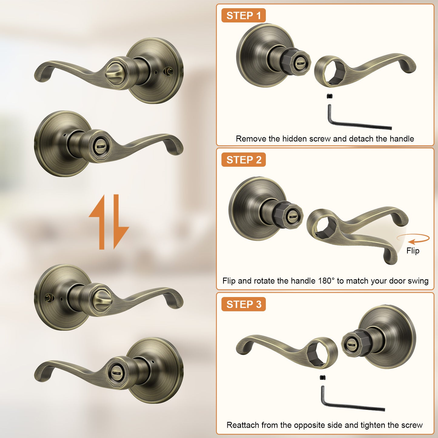 Probrico Scroll Privacy Door Lever, Antique Bronze Interior Door Handle, Reversible for Left/Right Handed Door, Easy Install for Bedroom & Bathroom,Heavy Duty Door Handle, Keyless with Turn Lock